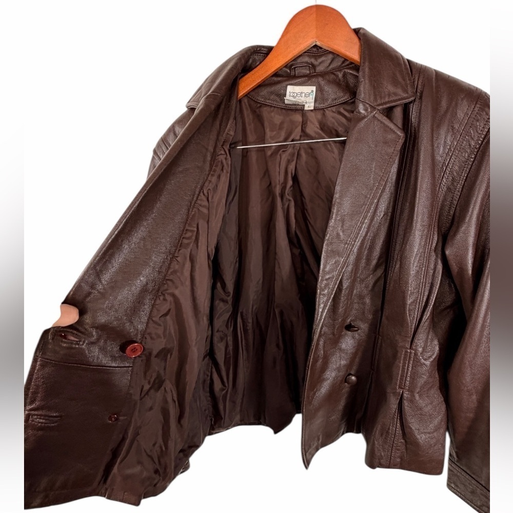 Together 9 Vintage Brown Genuine Leather Double Breasted Blazer Women’s Large - Picture 3 of 16